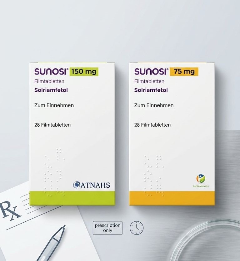 zdjęcie leku na narkolepsję Sunosi w dwóch różnych dawkach 75 mg 150mg